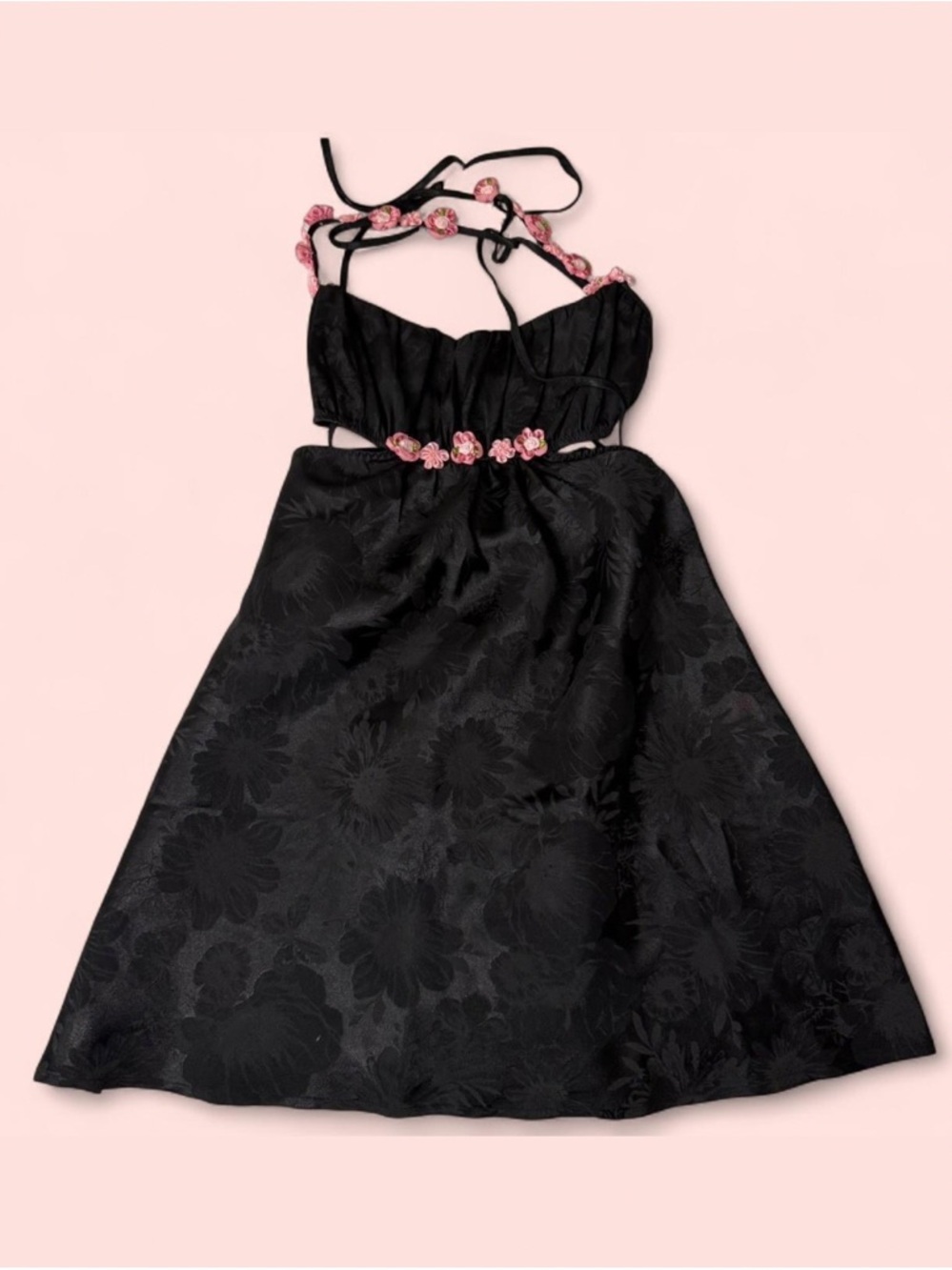 For Love & Lemons Black Floral Jacquard Mini Dress with Pink Trim